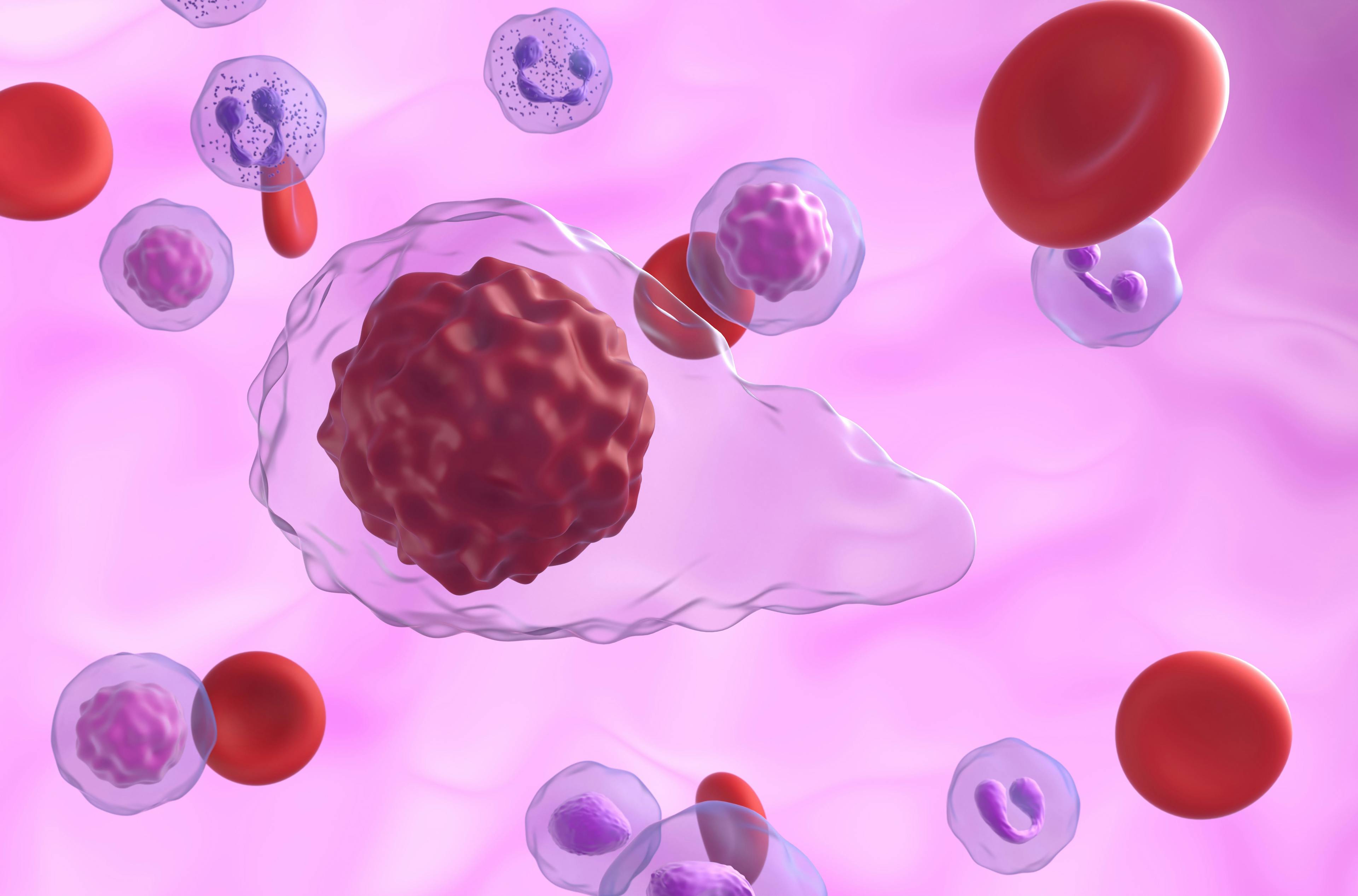 Closeup 3D illustration of primary myelofibrosis (PMF) cells in blood flow: © LASZLO - stock.adobe.com