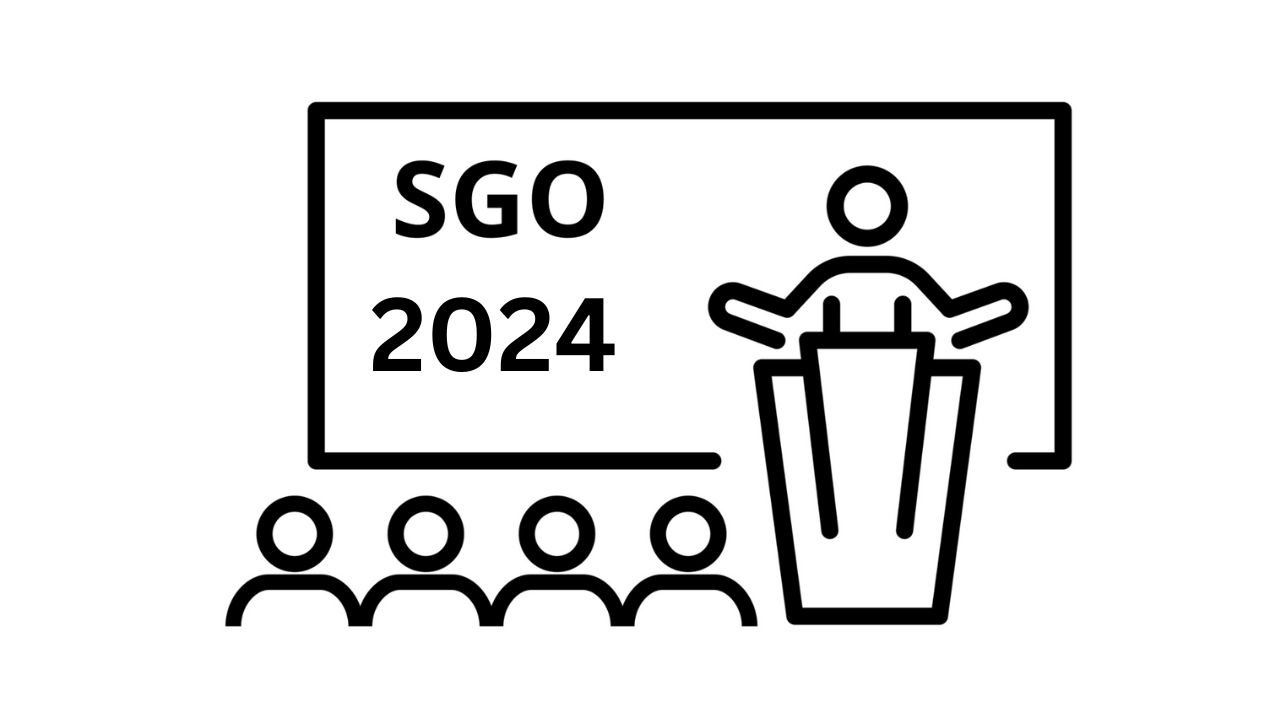 Illustration of presenter at a lectern and audience with a sign that says "SGO 2024"