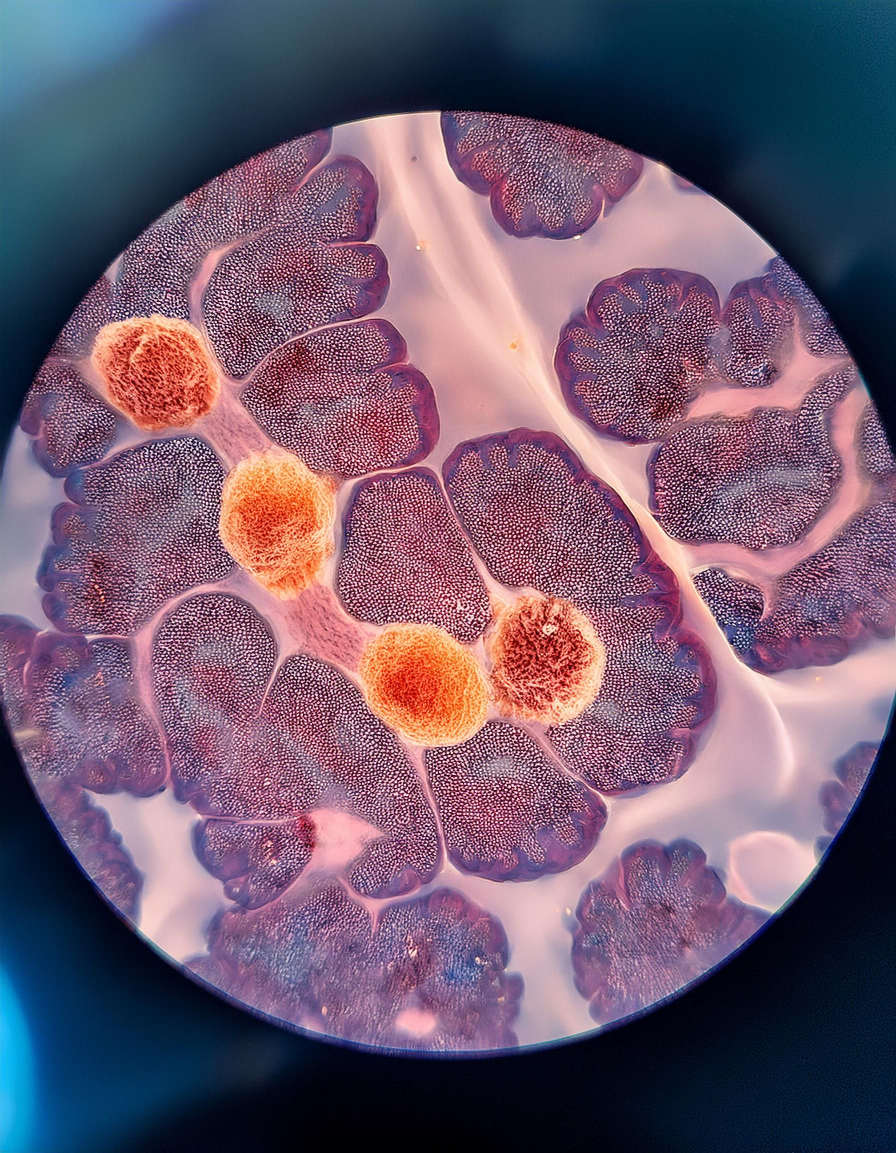 Microscopic, photorealistic image of lung cancer cells - Generated with Adobe Firefly